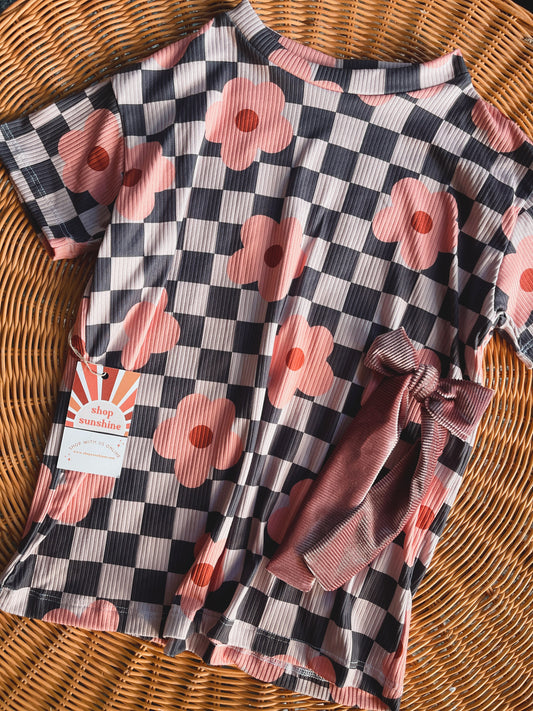 BLACK CHECKER FLORAL T-SHIRT DRESS