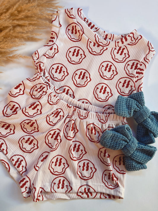 CREAM RIBBED WAVY SMILEY TANK + SHORTS SET